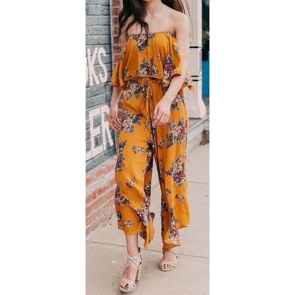 Angie Floral Tube Jumpsuit Romper – Gold Boho Style – Women’s Medium - Picture 1 of 7